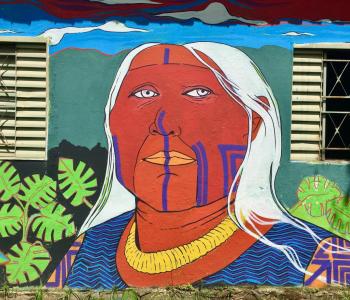 Mural of an indigenous woman painted on the side of a building in Alto Paraíso de Goiás, Goiás, Brazil.