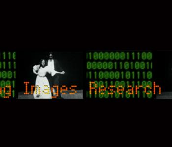 Binary code and still frames of two people dancing, overlaid with the text "Moving Image Research Group"