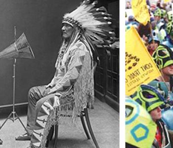 Black and white photo of Smithsonian Ethnologist Frances Densmore recording audio of Mountain Chief (Blackfoot) next to a color photo of sea turtle demonstrations at the Seattle WTO Protests in 1999