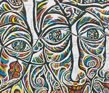 Abstract painting of multicolored faces.