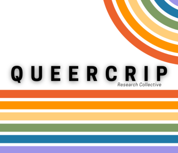 White background with the word QUEERCRIP in all caps in bold large black text with the words Research Collective in small black italic text beginning underneath between the letters C and R. In the background of the text, there are six lines in muted rainbow tones, red, orange, yellow, green, blue, and violet. The lines curve in a sideways rainbow or c-shape and continue to twist off-screen (and in some images back on the page in a straight horizontal line under the text). 